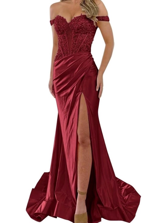 Dresses & Skirts - Off-Shoulder Burgundy Lace Bodice Evening Gown